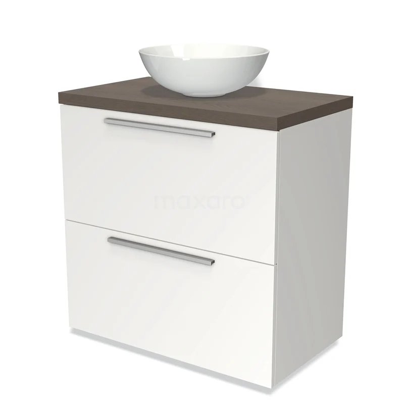 Modulo Plato Vanity units for countertop basin | 80 cm Matte white Flat front Dark brown oak worktop 2 stacked drawers under each other BMK13-00137