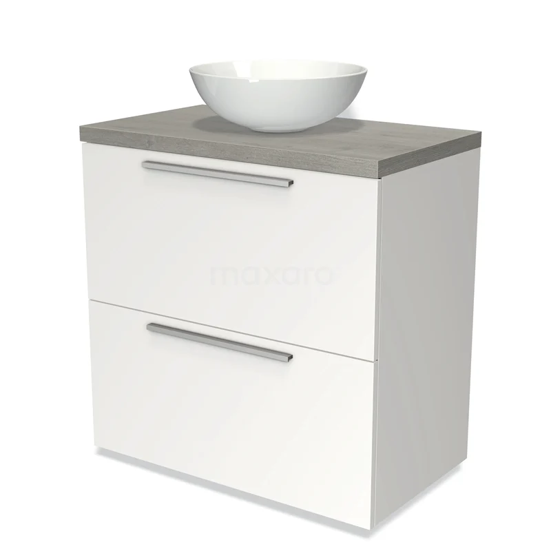 Modulo Plato Vanity units for countertop basin | 80 cm Matte white Flat front Grey oak worktop 2 stacked drawers under each other BMK13-00138