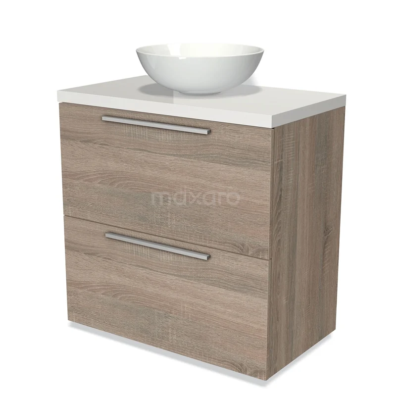 Badmöbel für Aufsatzwaschbecken 80cm Modulo Plato Eiche 2 hohe Schubladen Flach Hochglanz Weiß Platte BMK13-00255 Modern Badmöbel mit Holzoptik, weißem Aufsatzwaschbecken und zwei metallischen Griffen; stilvoller Aufbewahrer für das Badezimmer.