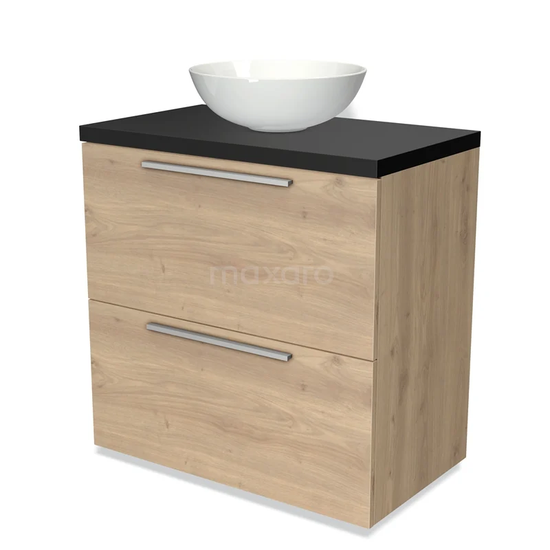 Badmöbel für Waschtischunterschrank mit Konsole 80cm Modulo Plato Hellbraune Eiche 2 hohe Schubladen Flach Matt Schwarz Platte BMK13-00309 Hölzerner Badschrank mit schwarzer Platte und weißem runden Aufsatzwaschbecken, moderne Ausstrahlung für stilvolle Badezimmergestaltung.