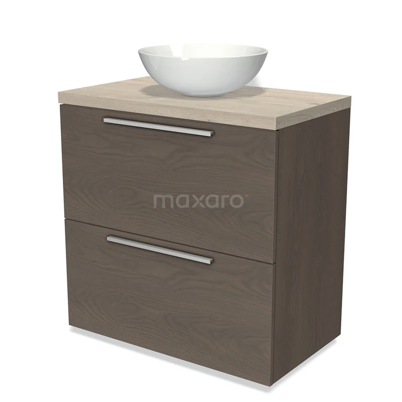 Modulo Plato Vanity units for countertop basin | 80 cm Dark brown oak Flat front Light grey oak worktop 2 stacked drawers under each other BMK13-00372