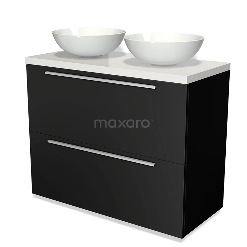 Modulo Plato Vanity units for countertop basin | 100 cm Matte black Flat front High-gloss white worktop 2 stacked drawers under each other BMK13-00451