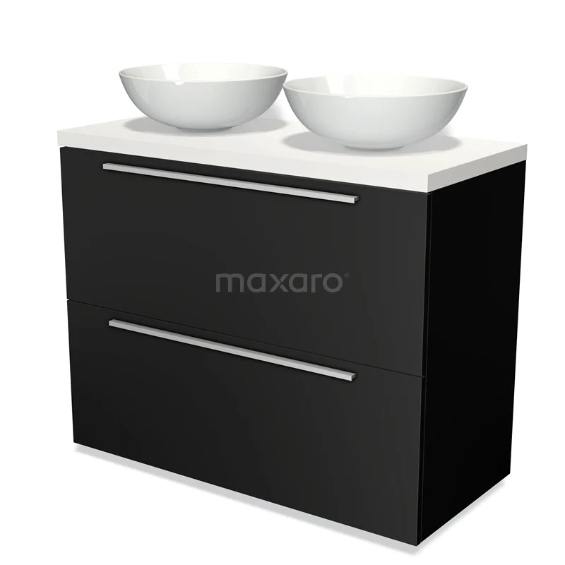 Modulo Plato Vanity units for countertop basin | 100 cm Matte black Flat front Matte white worktop 2 stacked drawers under each other BMK13-00452