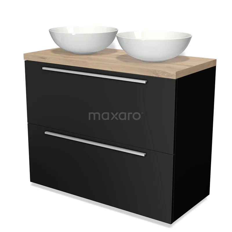 Modulo Plato Vanity units for countertop basin | 100 cm Matte black Flat front Light brown oak worktop 2 stacked drawers under each other BMK13-00457