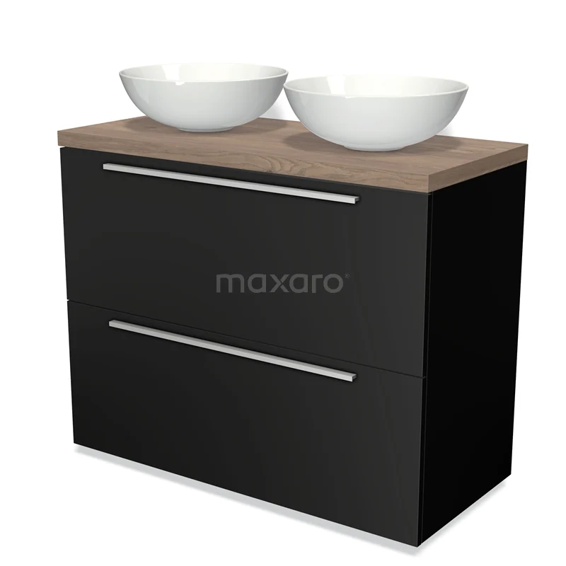 Modulo Plato Vanity units for countertop basin | 100 cm Matte black Flat front Mid brown oak worktop 2 stacked drawers under each other BMK13-00458