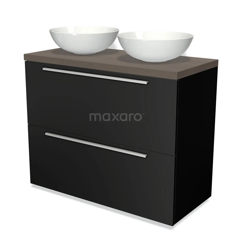 Modulo Plato Vanity units for countertop basin | 100 cm Matte black Flat front Dark brown oak worktop 2 stacked drawers under each other BMK13-00459 Black bathroom furniture set with double white countertop wash basin, wood-look top and metal handles, modern design.