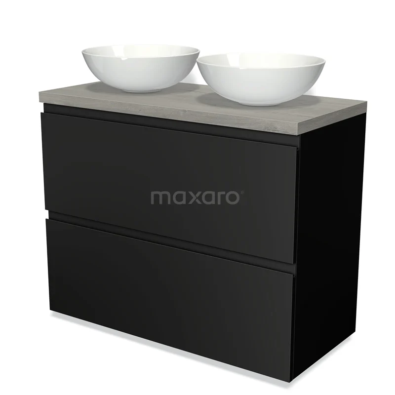 Modulo Plato Vanity units for countertop basin | 100 cm Matte black Handle-less front Grey oak worktop 2 stacked drawers under each other BMK13-00488
