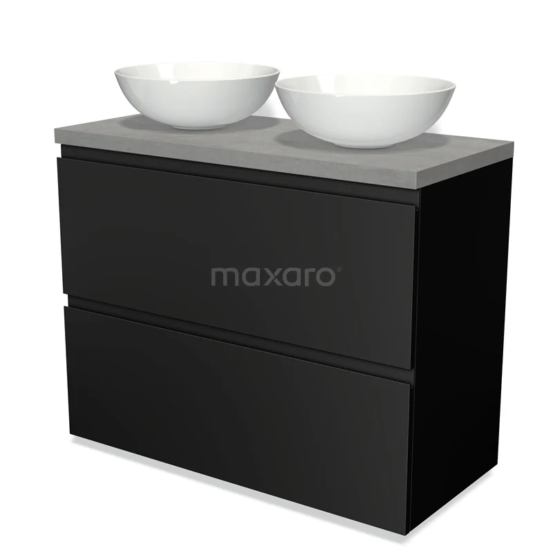 Modulo Plato Vanity units for countertop basin | 100 cm Matte black Handle-less front Light grey concrete worktop 2 stacked drawers under each other BMK13-00489