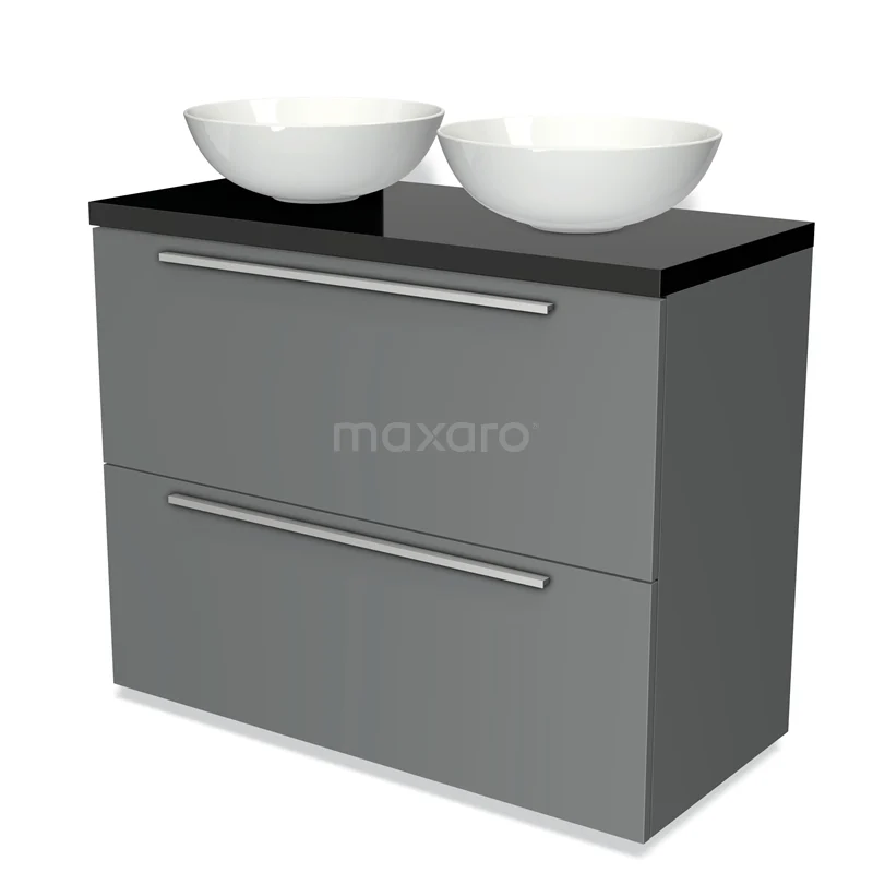 Modulo Plato Vanity units for countertop basin | 100 cm Mid grey Flat front High-gloss black worktop 2 stacked drawers under each other BMK13-00496