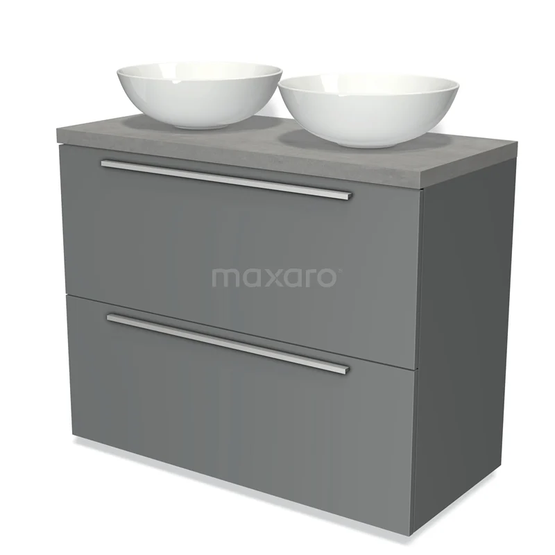 Badmöbel für Waschtischunterschrank mit Konsole 100cm Modulo Plato Mittelgrau 2 hohe Schubladen Flach Hellgrauer Beton Platte BMK13-00503 Graues Badezimmermöbel mit Doppelwaschbecken, modernem Aussehen, zwei Schubladen und schlichten Metallhaltegriffen.