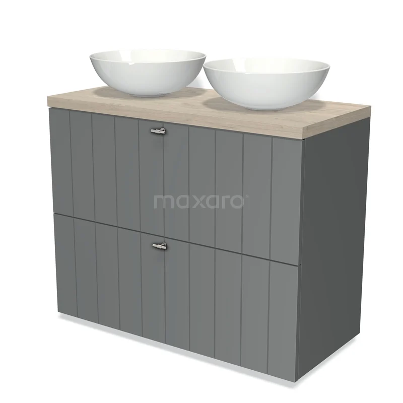 Modulo Plato Vanity units for countertop basin | 100 cm Mid grey Slat front Light grey oak worktop 2 stacked drawers under each other BMK13-00512