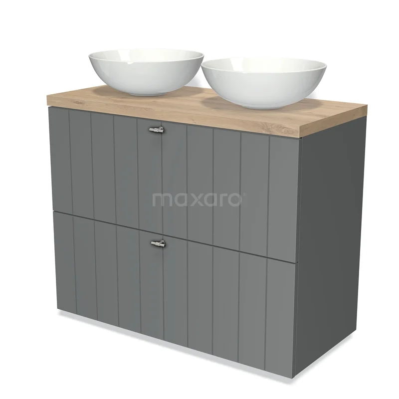Modulo Plato Vanity units for countertop basin | 100 cm Mid grey Slat front Light brown oak worktop 2 stacked drawers under each other BMK13-00513