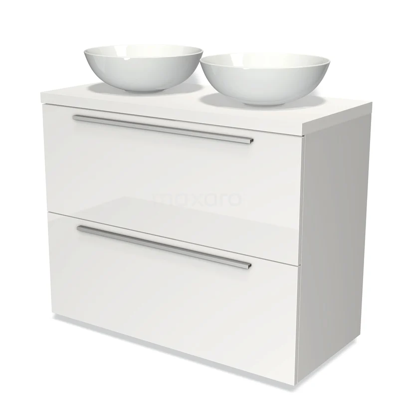 Modulo Plato Vanity units for countertop basin | 100 cm High-gloss white Flat front Matte white worktop 2 stacked drawers under each other BMK13-00536