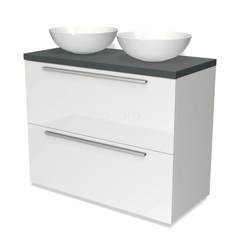 Modulo Plato Vanity units for countertop basin | 100 cm High-gloss white Flat front Dark grey worktop 2 stacked drawers under each other BMK13-00537