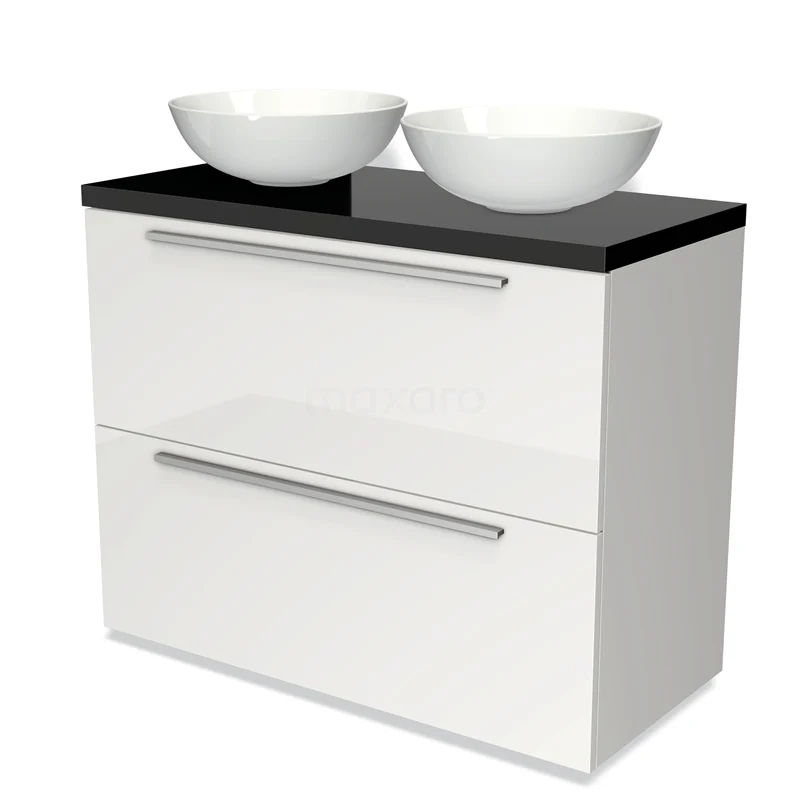 Modulo Plato Vanity units for countertop basin | 100 cm High-gloss white Flat front High-gloss black worktop 2 stacked drawers under each other BMK13-00538