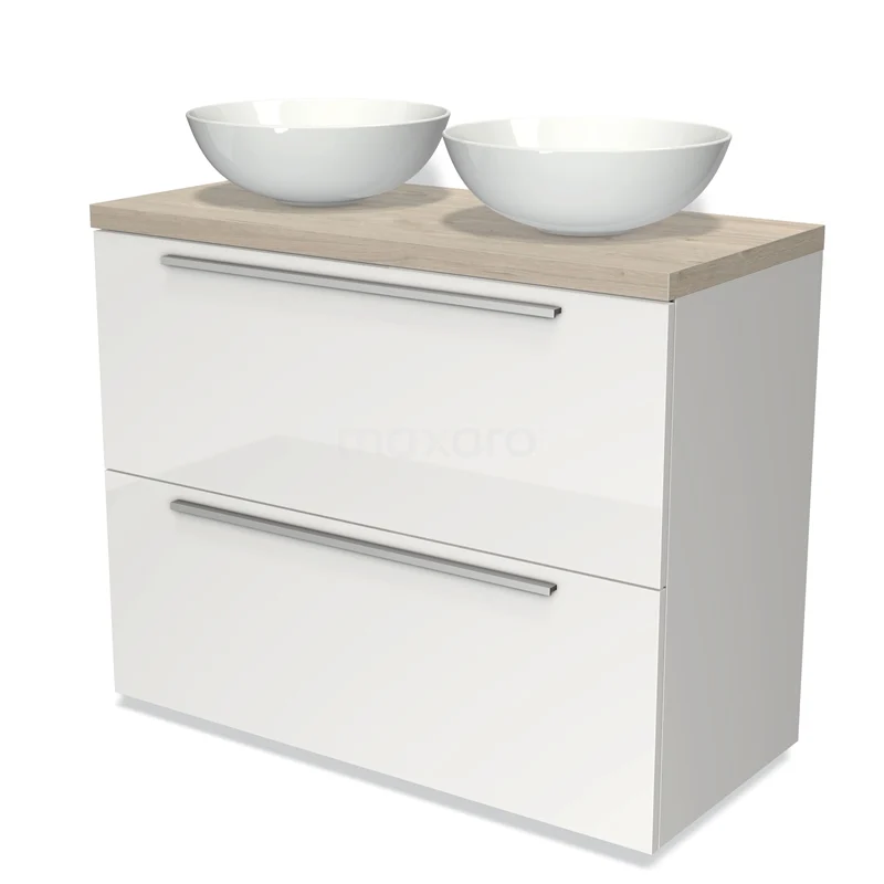 Badmöbel für Aufsatzwaschbecken 100cm Modulo Plato Hochglanz Weiß 2 hohe Schubladen Flach hellgraue Eiche Platte BMK13-00540 Moderne Badmöbelset weiß mit Holzoptik, ausgestattet mit zwei weißen Aufsatzwaschbecken und stilvollen silbernen Haltegriffen.