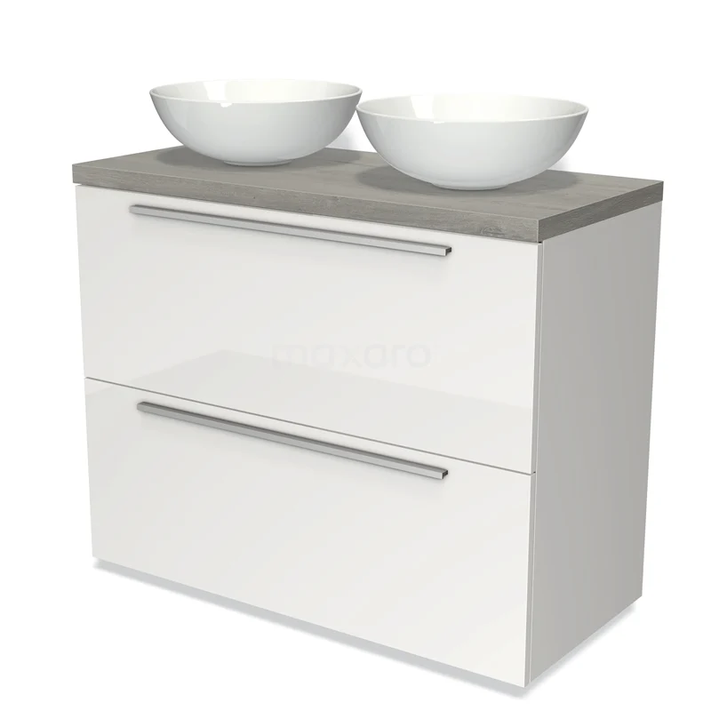 Modulo Plato Vanity units for countertop basin | 100 cm High-gloss white Flat front Grey oak worktop 2 stacked drawers under each other BMK13-00544