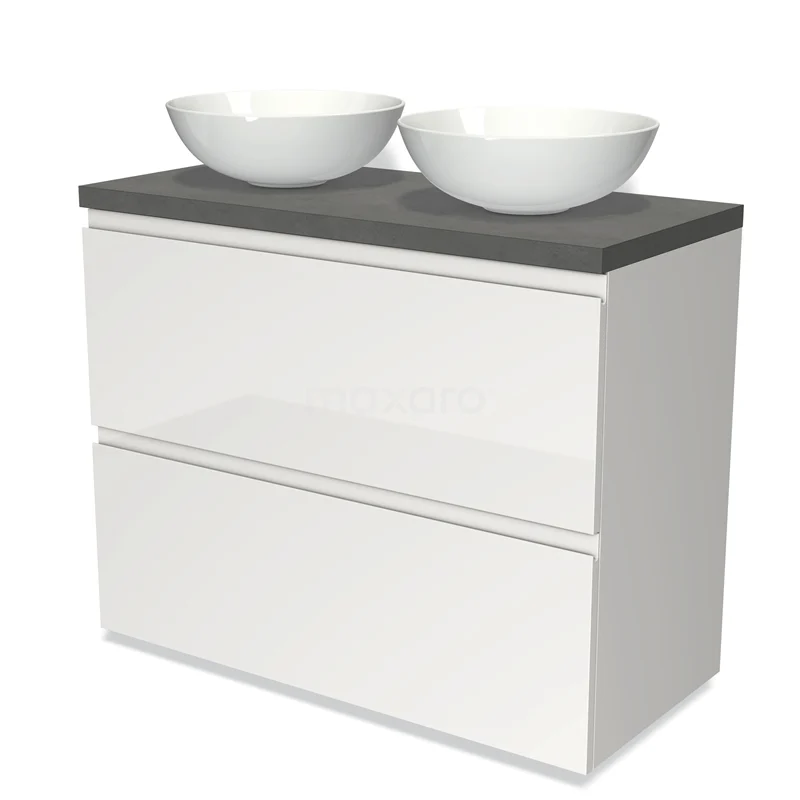Modulo Plato Vanity units for countertop basin | 100 cm High-gloss white Handle-less front Dark grey concrete worktop 2 stacked drawers under each other BMK13-00574