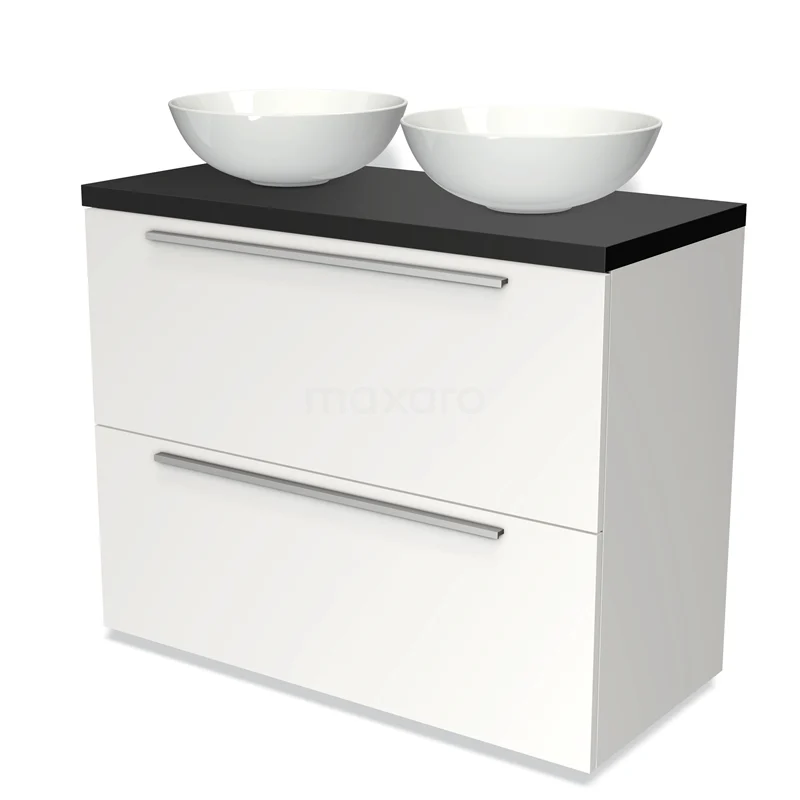 Modulo Plato Vanity units for countertop basin | 100 cm Matte white Flat front Matte black worktop 2 stacked drawers under each other BMK13-00575