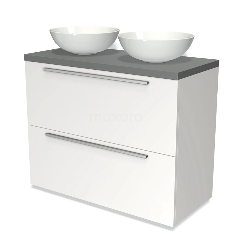 Modulo Plato Vanity units for countertop basin | 100 cm Matte white Flat front Mid grey worktop 2 stacked drawers under each other BMK13-00576