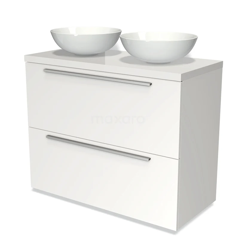 Badmöbel für Waschtischunterschrank mit Konsole 100cm Modulo Plato Matt Weiß 2 hohe Schubladen Flach Hochglanz Weiß Platte BMK13-00577 Weißes Badezimmermöbel mit zwei runden Aufsatzwaschbecken, modernes Design, glatte Oberfläche und metallischen Haltegriffen.