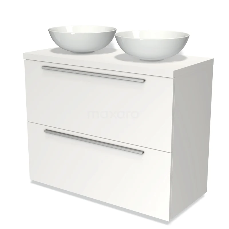 Badmöbel für Waschtischunterschrank mit Konsole 100cm Modulo Plato Matt Weiß 2 hohe Schubladen Flach BMK13-00578 Weißer Badschrank mit zwei Schubladen, schlankem Design und doppelten Aufsatz-Waschbecken; ideal für moderne Badezimmeraufstellungen.