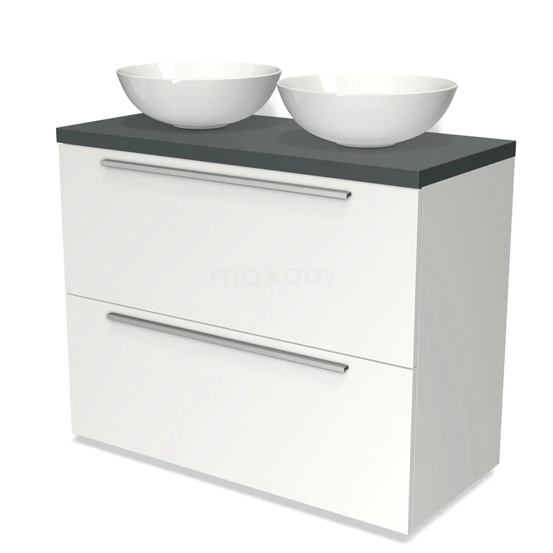 Badmöbel für Waschtischunterschrank mit Konsole 100cm Modulo Plato Matt Weiß 2 hohe Schubladen Flach Dunkelgrau Platte BMK13-00579 Weißes Badezimmermöbel mit zwei runden Waschbecken, einer matt schwarzen Oberseite und zwei breiten Schubladen für optimalen Stauraum.