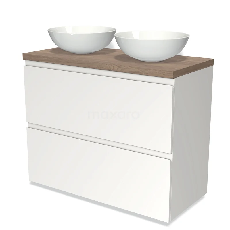 Modulo Plato Vanity units for countertop basin | 100 cm Matte white Handle-less front Mid brown oak worktop 2 stacked drawers under each other BMK13-00612