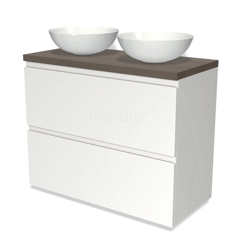 Modulo Plato Vanity units for countertop basin | 100 cm Matte white Handle-less front Dark brown oak worktop 2 stacked drawers under each other BMK13-00613