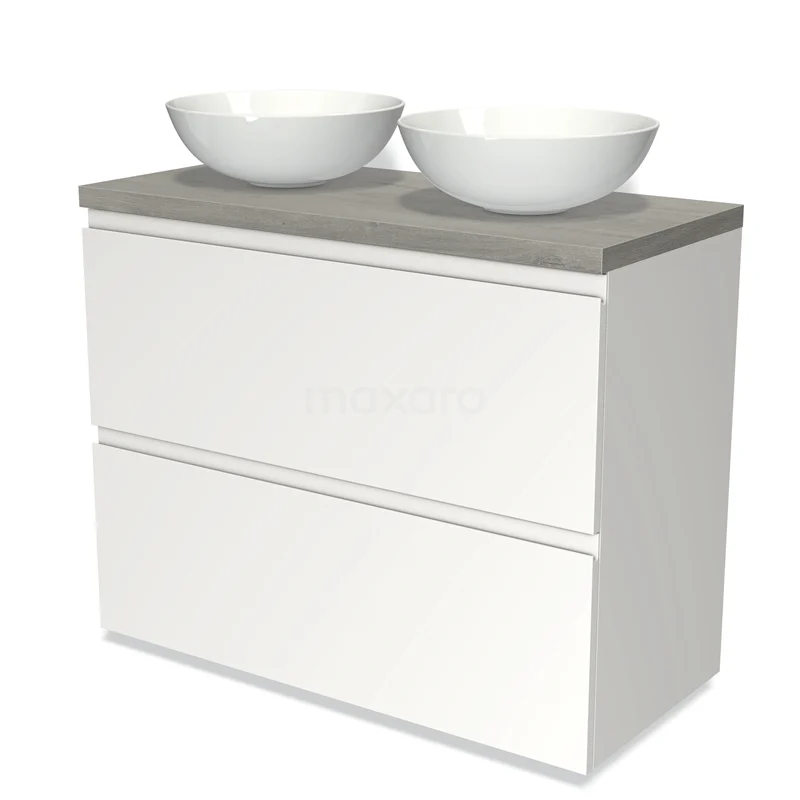 Modulo Plato Vanity units for countertop basin | 100 cm Matte white Handle-less front Grey oak worktop 2 stacked drawers under each other BMK13-00614