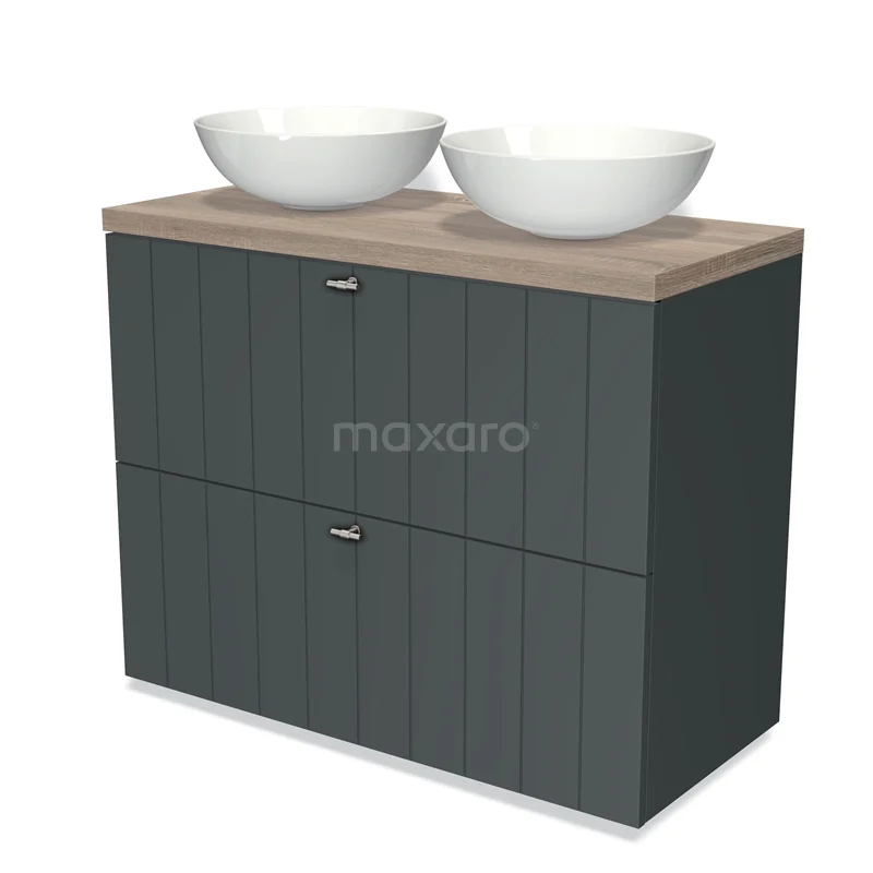 Modulo Plato Vanity units for countertop basin | 100 cm Dark grey Slat front Oak worktop 2 stacked drawers under each other BMK13-00637