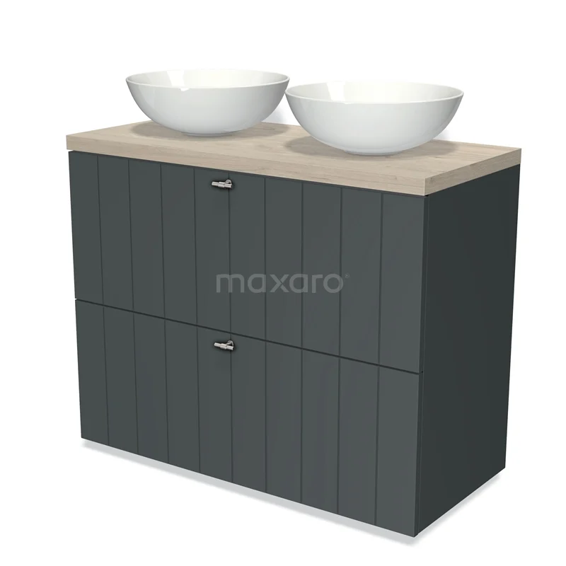 Modulo Plato Vanity units for countertop basin | 100 cm Dark grey Slat front Light grey oak worktop 2 stacked drawers under each other BMK13-00638