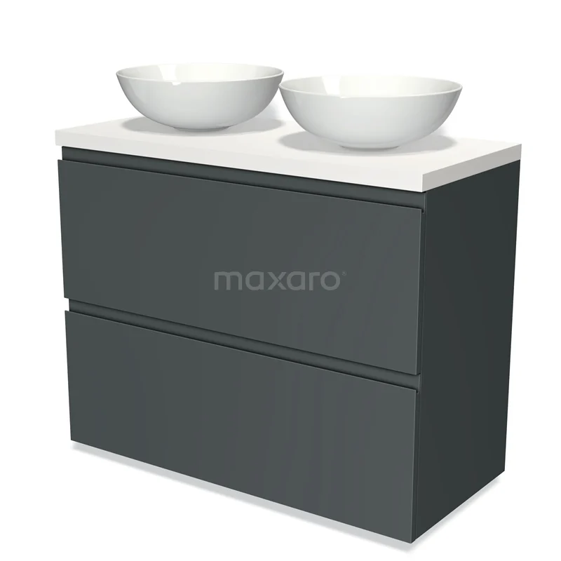 Badmöbel für Waschtischunterschrank mit Konsole 100cm Modulo Plato Dunkelgrau 2 hohe Schubladen Grifflose Dunkelgraue Platte BMK13-00648 Antrazit Badmöbel mit zwei runden Waschbecken, moderner Stil, klares Design, perfekt für eine stilvolle Badezimmerinrichtung.