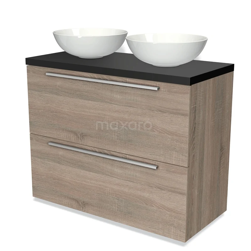 Badmöbel für Waschtischunterschrank mit Konsole 100cm Modulo Plato Eiche 2 hohe Schubladen Flach Matt Schwarz Platte BMK13-00701 Holz Badezimmermöbel mit zwei weißen Aufsatzwaschbecken, Schwarz Platte und modernen Schubladen; ideal für eine stilvolle Badezimmergestaltung.