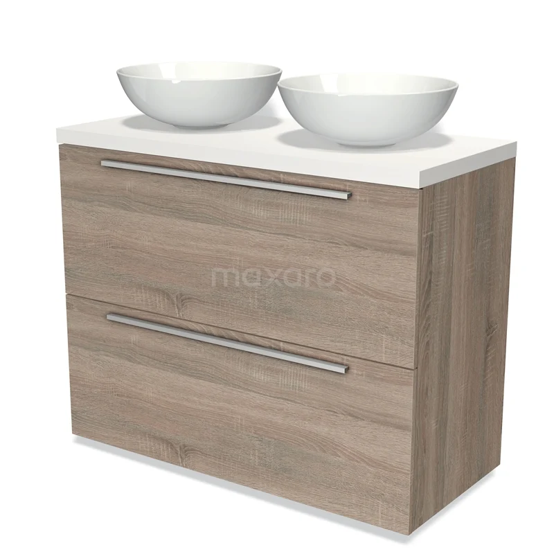 Modulo Plato Vanity units for countertop basin | 100 cm Oak Flat front Matte white worktop 2 stacked drawers under each other BMK13-00704