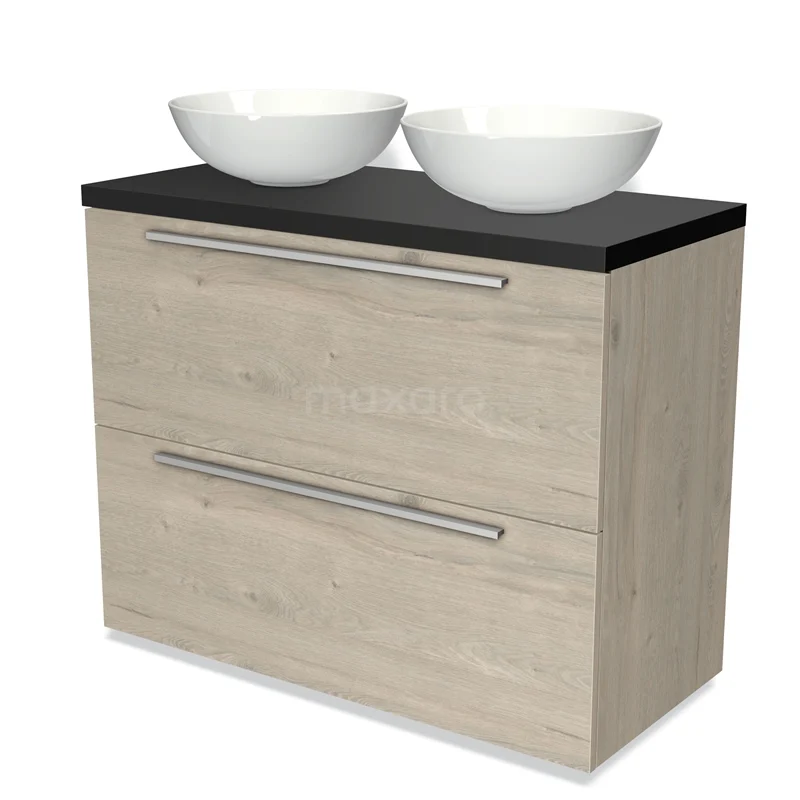 Badmöbel für Waschtischunterschrank mit Konsole 100cm Modulo Plato Hellgraue Eiche 2 hohe Schubladen Flach Matt Schwarz Platte BMK13-00729 Holz-Badmöbel mit zwei weißen Aufsatzwaschbecken, schwarzer Platte und metallischen Griffen, ideal für einen modernen Badezimmerstil.