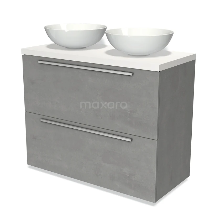 Modulo Plato Vanity units for countertop basin | 100 cm Light grey concrete Flat front Matte white worktop 2 stacked drawers under each other BMK13-00872