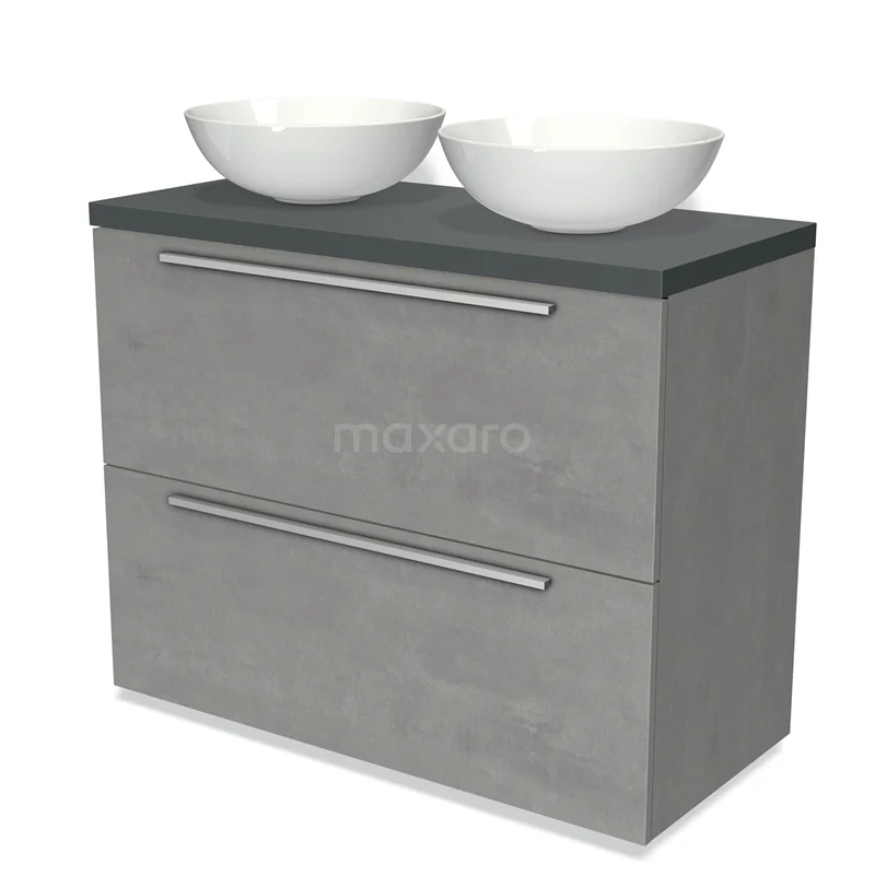 Modulo Plato Vanity units for countertop basin | 100 cm Light grey concrete Flat front Dark grey worktop 2 stacked drawers under each other BMK13-00873