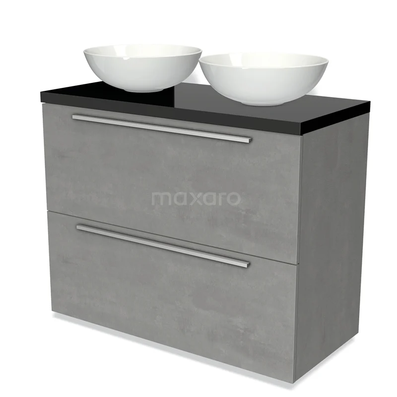Modulo Plato Vanity units for countertop basin | 100 cm Light grey concrete Flat front High-gloss black worktop 2 stacked drawers under each other BMK13-00874