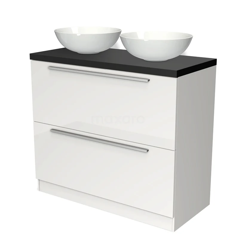 Modulo Plato Vanity units for countertop basin | 100 cm High-gloss white Flat front Matte black worktop 2 high drawers standing drawers under each other BMK13S-00155