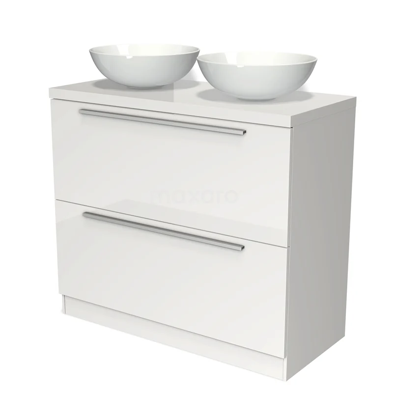 Modulo Plato Vanity units for countertop basin | 100 cm High-gloss white Flat front High-gloss white worktop 2 high drawers standing drawers under each other BMK13S-00157