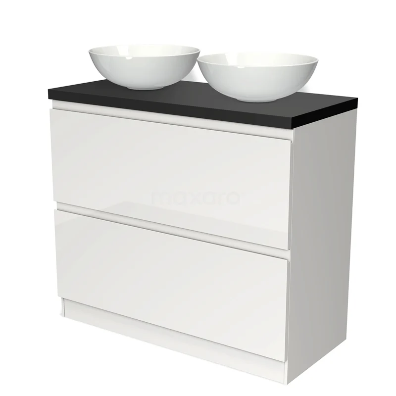 Badmöbel für Waschtischunterschrank mit Konsole 100cm Modulo Plato Hochglanz Weiß 2 hohe Schubladen Grifflos Matt Schwarz Platte BMK13S-00183 Weißes Badezimmermöbel mit zwei keramischen Aufsatzwaschbecken, schwarzer Oberplatte, schickem Design und Softclose-Schubladen.