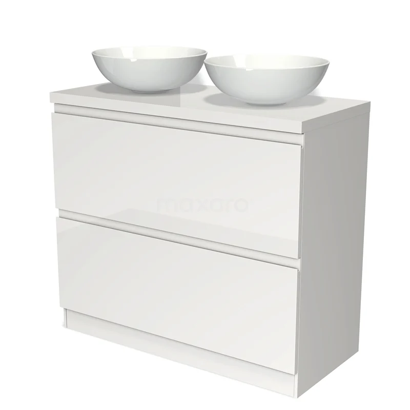 Badmöbel für Waschtischunterschrank mit Konsole 100cm Modulo Plato Hochglanz Weiß 2 hohe Schubladen stehend grifflos BMK13S-00185 Weißes Badezimmermöbel mit zwei Aufsatzwaschbecken, schlichtes Design, Hochglanz-Oberfläche, perfekt für eine moderne Badezimmer Einrichtung.