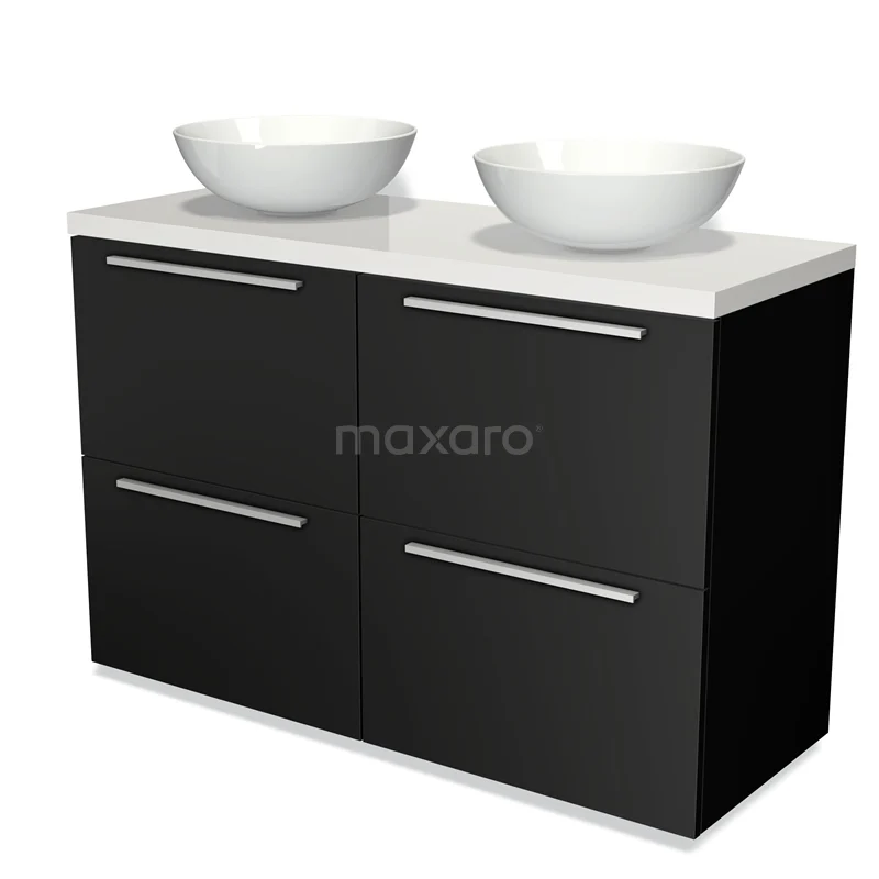 Modulo Plato Vanity units for countertop basin | 120 cm Matte black Flat front High-gloss white worktop 4 high drawers BMK14-00003