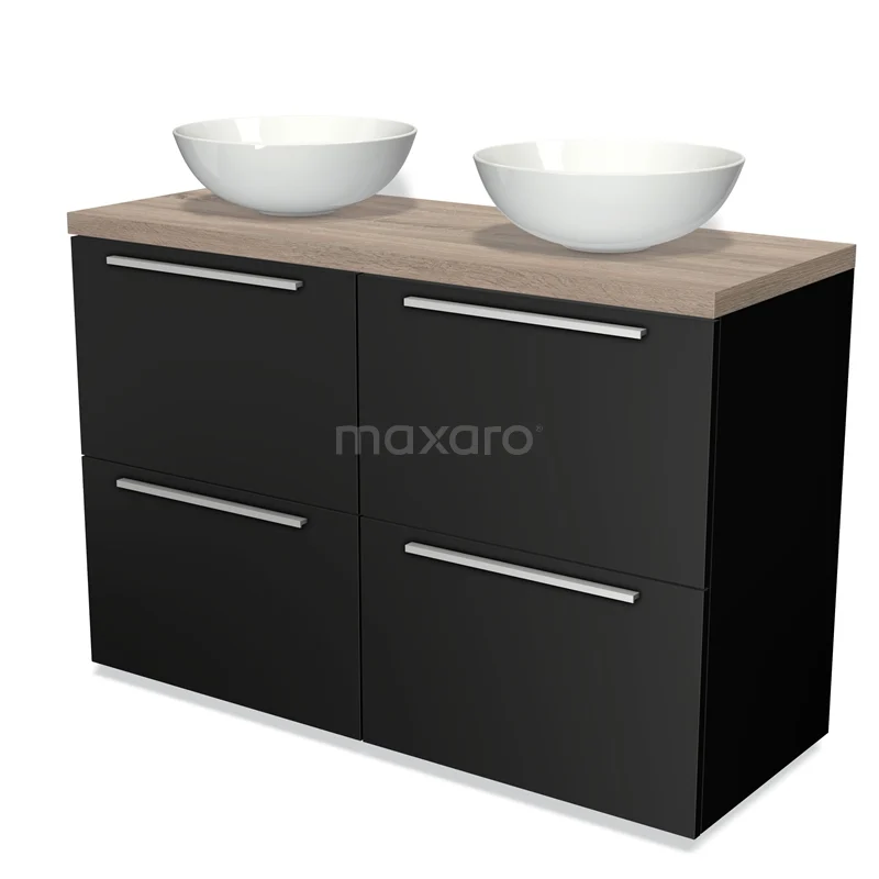 Modulo Plato Badmöbel mit Aufsatzwaschbecken | 120 cm Matt Schwarz Flach front Eiche blatt 4 hohe Schubladen BMK14-00007 Schwarzes Badmöbel mit Holzplatte, zwei weißen Aufsatzwaschbecken und vier Schubladen, modernes Design für moderne Bäder.