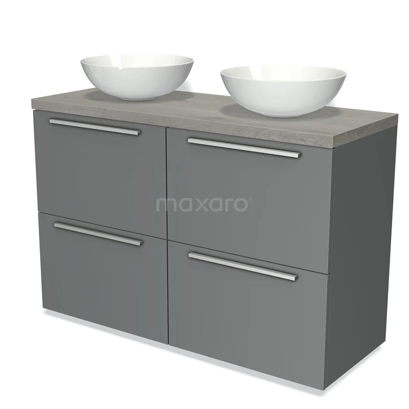 Badmöbel für Aufsatzwaschbecken 120cm Modulo Plato Mittelgrau 4 hohe Schubladen Flache graue Eiche Platte BMK14-00054 Grauer Badschrank mit doppelten weißen Aufsatzwaschbecken, modernes Design und metallischen Haltegriffen, ideal für stilvolle Badezimmer.