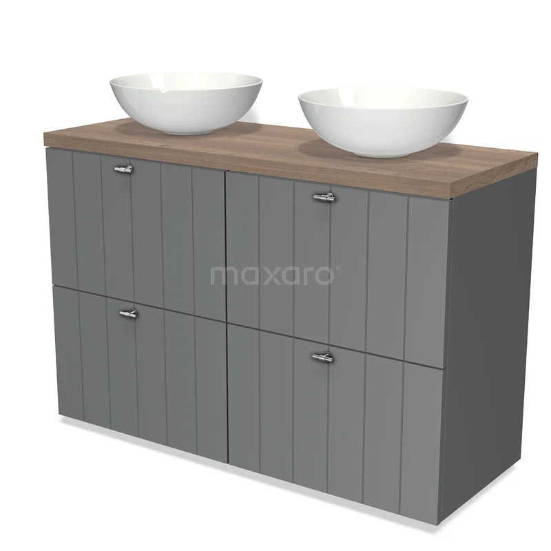 Modulo Plato Vanity units for countertop basin | 120 cm Mid grey Slat front Mid brown oak worktop 4 high drawers BMK14-00066