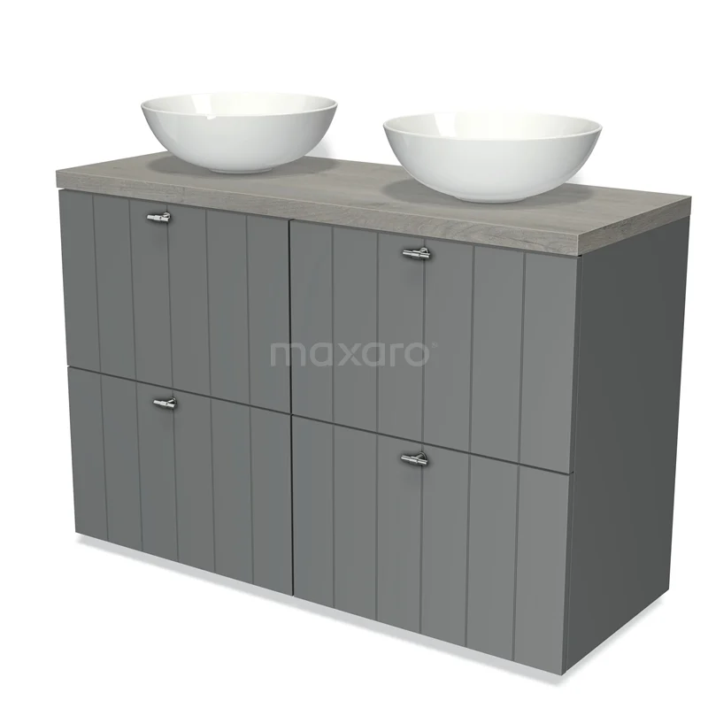 Modulo Plato Vanity units for countertop basin | 120 cm Mid grey Slat front Grey oak worktop 4 high drawers BMK14-00068