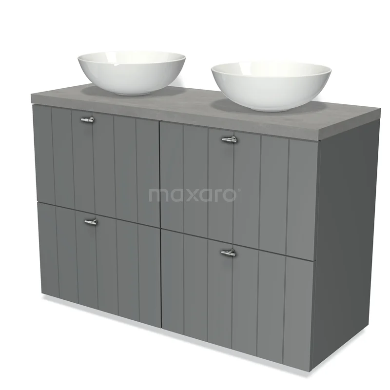 Modulo Plato Vanity units for countertop basin | 120 cm Mid grey Slat front Light grey concrete worktop 4 high drawers BMK14-00069