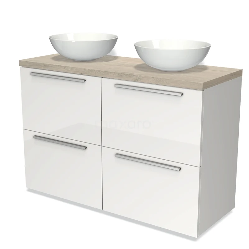 Modulo Plato Vanity units for countertop basin | 120 cm High-gloss white Flat front Light grey oak worktop 4 high drawers BMK14-00092
